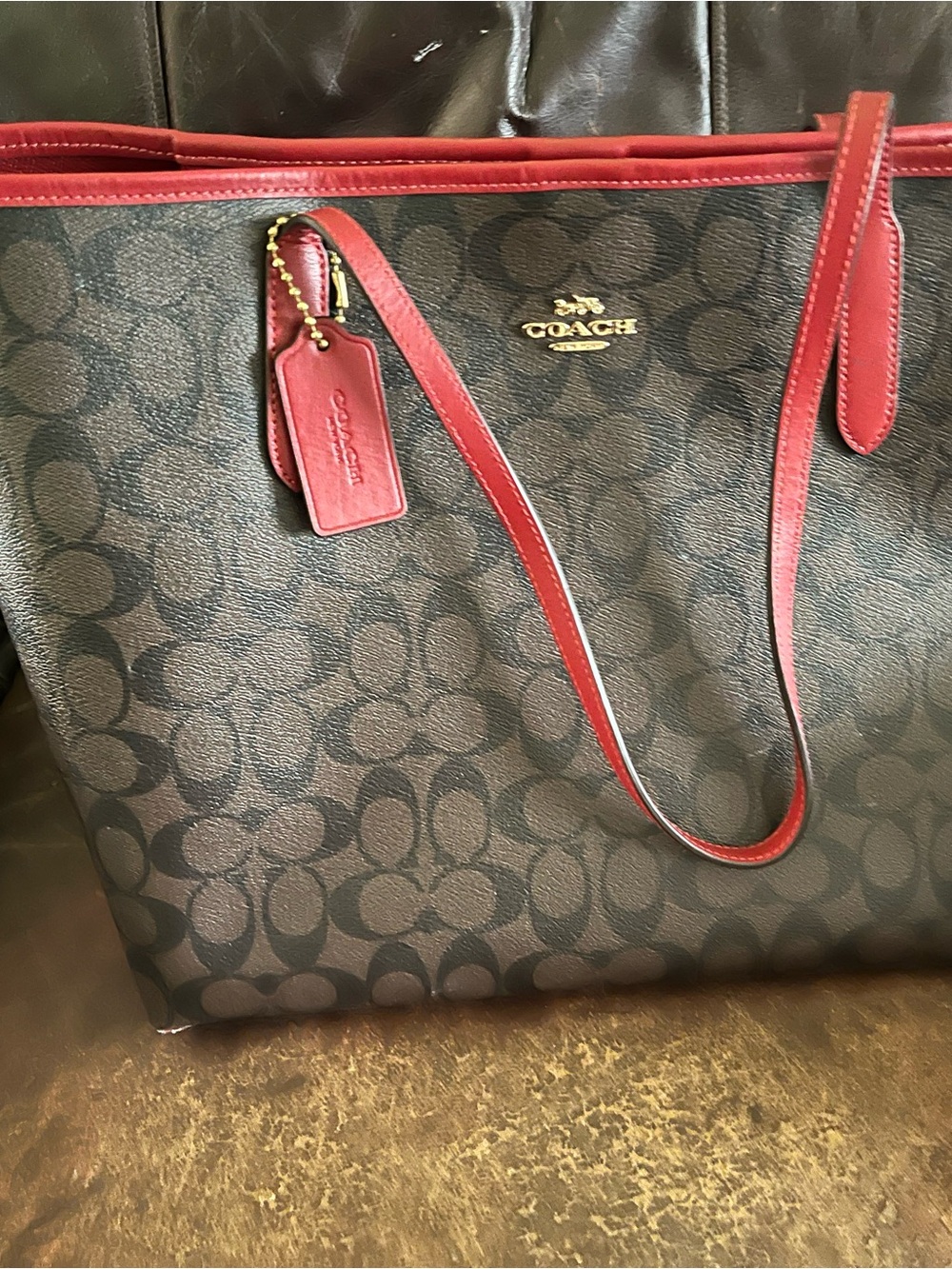 Coach Monogram Tote with Red Trim and Straps